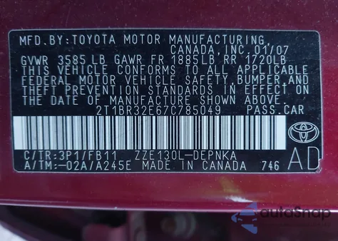 2007 Toyota Corolla Le z USA, uszkodzony, nr VIN 2T1BR32E67C785049